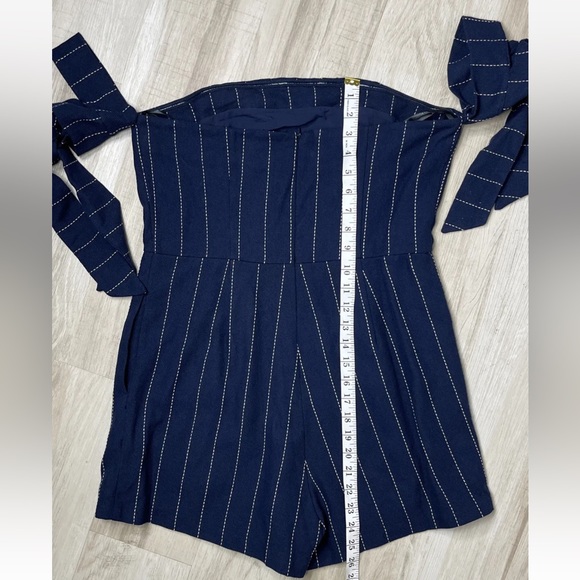 J.O.A. Sunny Sensation Navy Blue Striped Off-the-Shoulder Romper - Picture 4 of 7